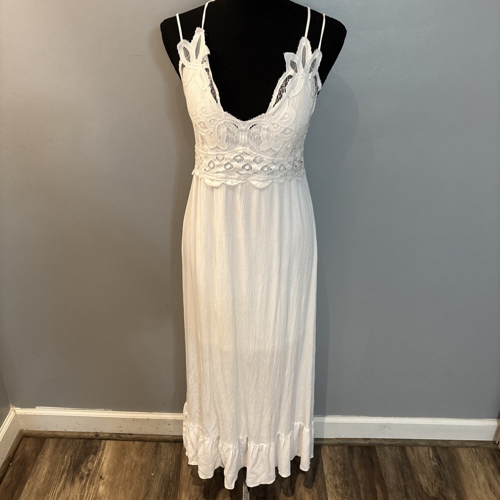 Boho Crinkle Maxi Slip Dress White Crochet Lace Bodice Empire Waist Women's L